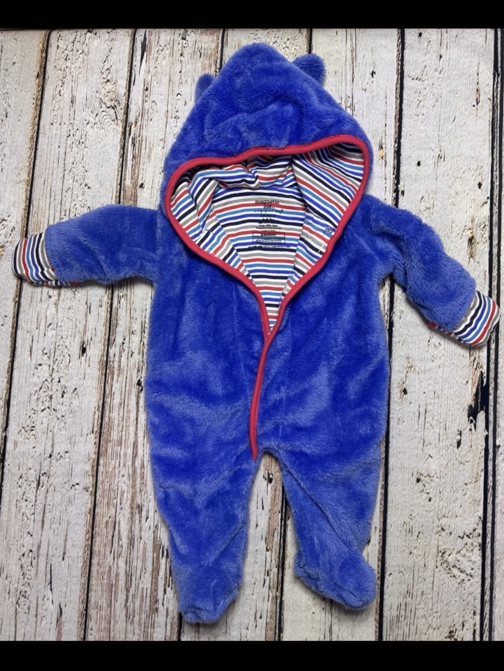 Magnetic Me Baby Size Newborn Fleece Snowsuit Bunting Hooded Pram Blue Stripe